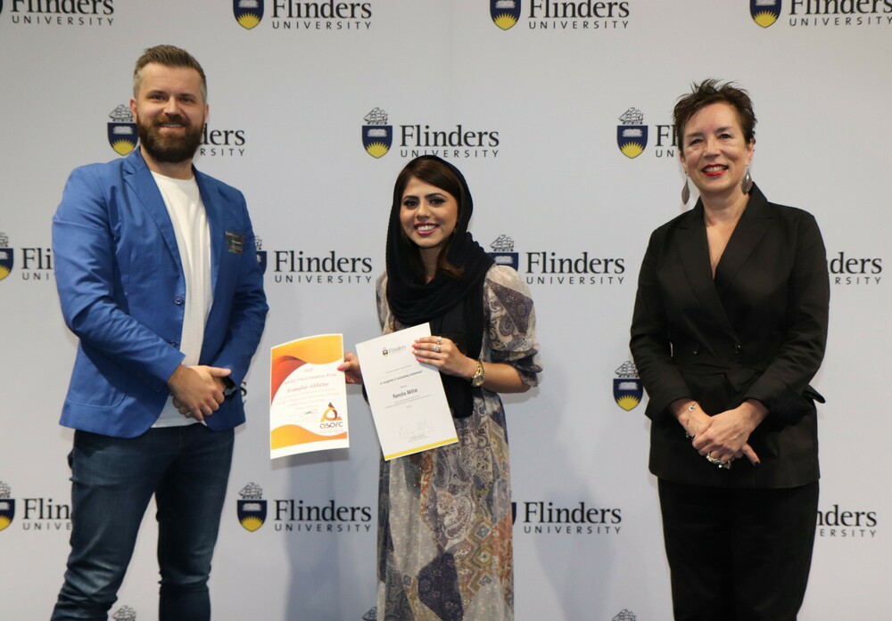 Dr Boris Fedoric the ASORC National President, Ramsha Akhta an ASORC student prize winner and Prof Alison Kitson, the Vice-President & Executive Dean of the College of Nursing and Health Sciences at the 2021 student prizes